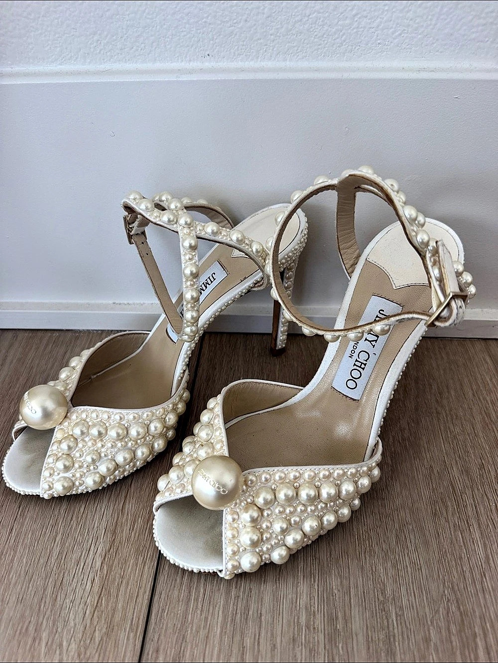 Jimmy Choo Sacora 100 Pearl Embellished Heels White US 7.5